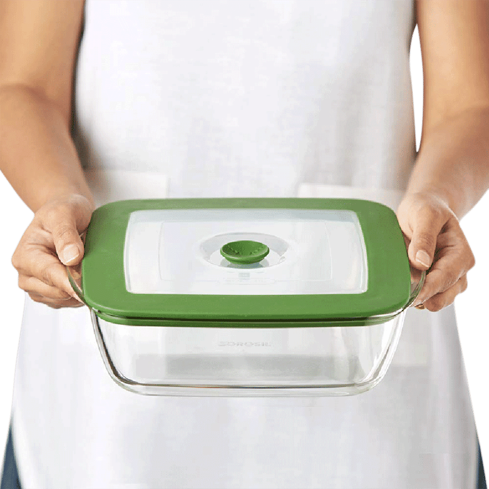 Buy Borosil 2.2L Borosilicate Glass Square Dish with Green Lid (Scratch Resistant, Transparent